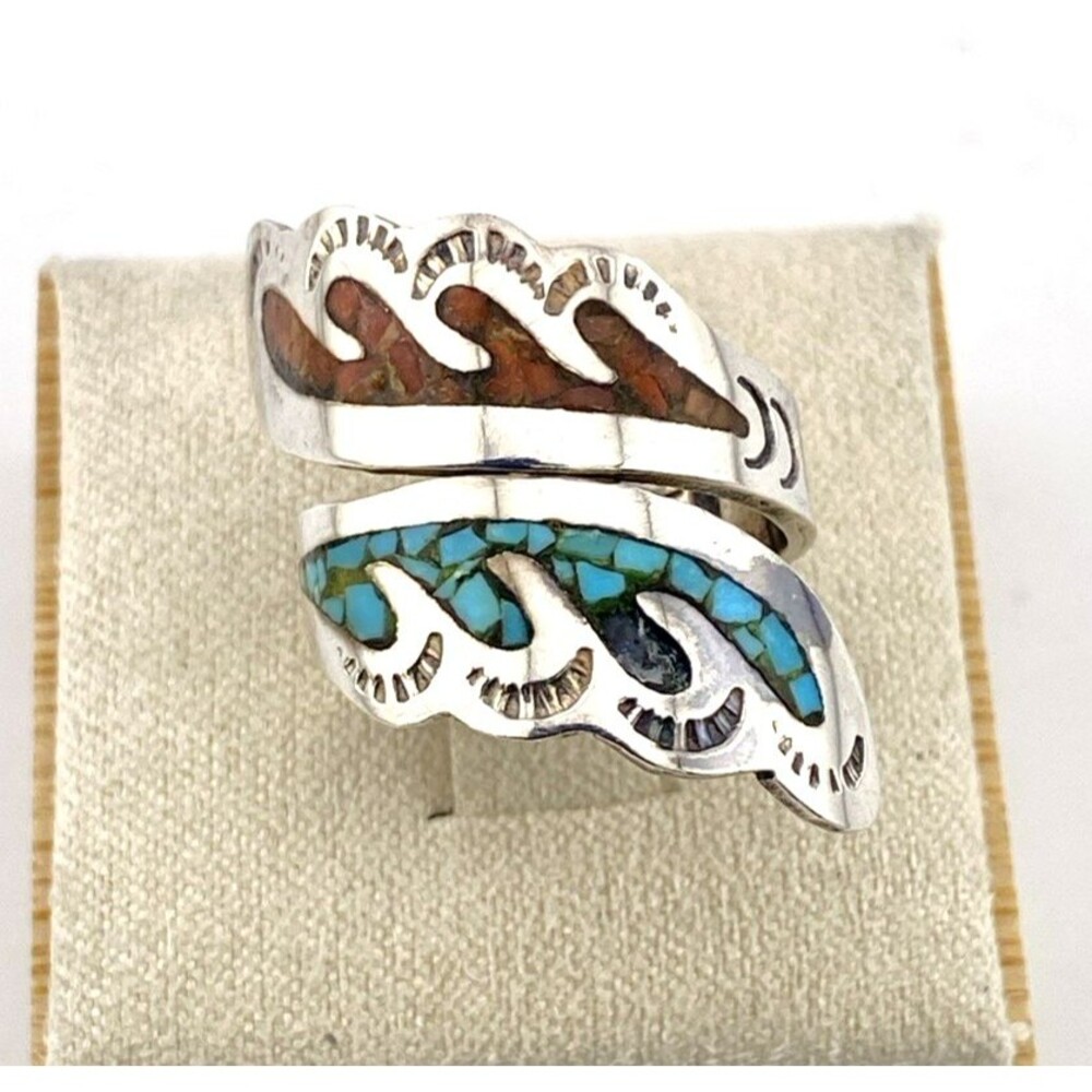 Vintage Navajo Ahasteen Sterling Silver Turquoise Coral Inlay Ring Size 5.75